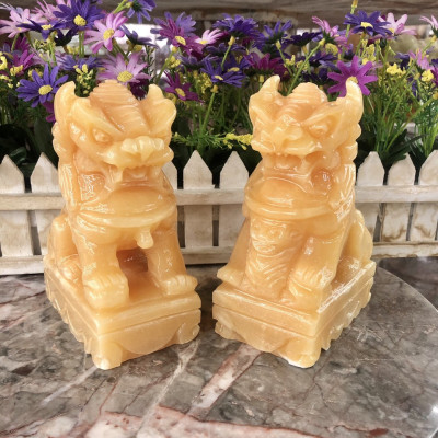 Cặp Kỳ Lân phong thủy gác cổng đá ngọc hoàng long - Cao 15 cm