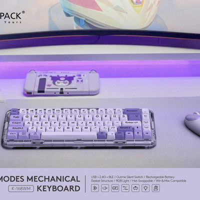 Bàn Phím Cơ Không Dây MicroPack Lifestyle K-168WM 3 Modes Wireless Mechanical Keyboard Vỏ Trong Suốt LED RGB Nhiều Màu Hàng Chính Hãng