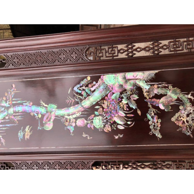 Tranh tứ quý bốn mùa gỗ gụ khảm ốc kết hợp với vỏ bào ngư xanh đỏ kt 37×107×3.5cm