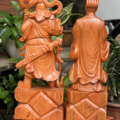 Cặp tượng quan văn ,quan võ khổng minh ( gia cát lượng ) Và quan công bằng gỗ hương đá kt cao 60cm