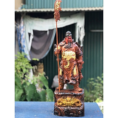 Tượng quan công cầm đao trấn ải bằng gỗ hương đa tô làm mầu giả cổ kt cao 60×25×15cm