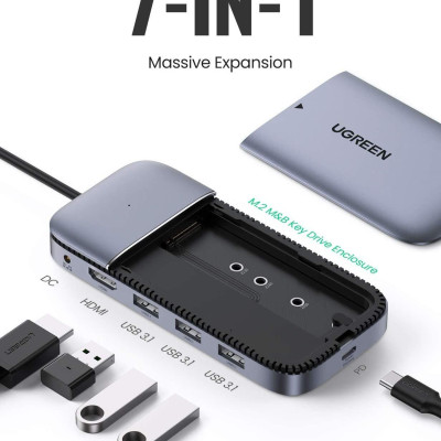 Ugreen UG70449CM296TK bộ chuyển USB type C ra 3 × USB 3.1 Gen2 + HDMI + PD 100W + cấp nguồn DC + ssd M.2 NGFF Docking Station - HÀNG CHÍNH HÃNG