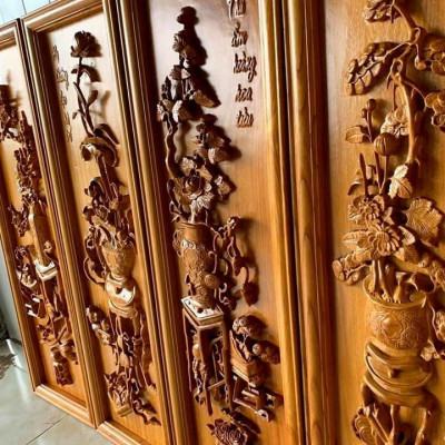 Tranh đông bích treo tường trạm khắc tứ quý bốn mùa trong năm ,xuân ,hạ ,thu ,đông bằng gỗ gõ đỏ kt 37×117×4cm 