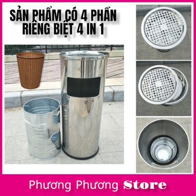 Thùng rác inox tròn,A-35A thùng rác inox gạt tàn tròn ( Tặng sọt tròn mây ) hàng cao cấp