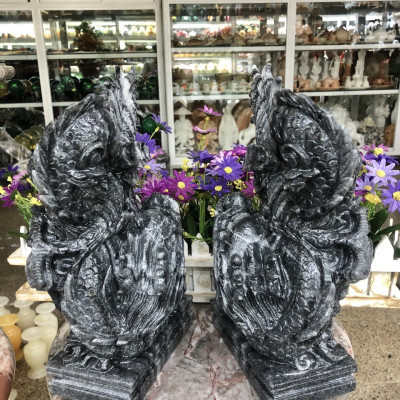 Cặp Rồng đứng phong thủy đá cẩm thạch vân đen - Cao 30 cm