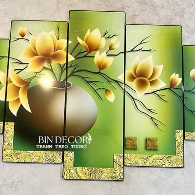 (ẢNH THẬT) Tranh treo tường bình hoa mộc lan xanh bộ 5 tấm bo viền kèm đinh treo