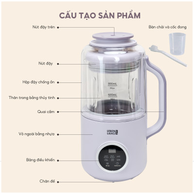 Máy làm sữa hạt đa năng Lebenlang LBL1689, 500W, 800ml, tiết kiệm thời gian, có hẹn giờ, bảo hành 2 năm - hàng chính hãng