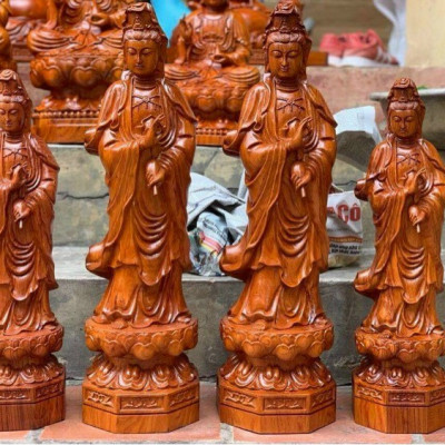 Tượng phật quan thế âm bồ tát đứng trên đài sen bằng gỗ hương đá kt 60×18×17cm