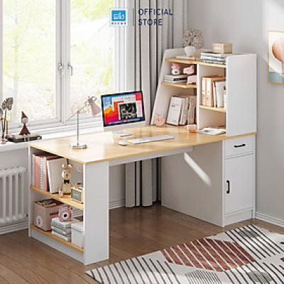 Bàn Làm Việc, Học Tập Kết Hợp Kệ Sách Cách Điệu Màu Trắng Phối Vân Gỗ Thương Hiệu SIB Decor BLV60