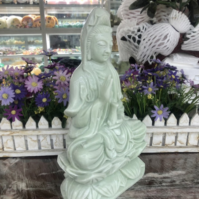 Tượng Phật Bà Quan Thế Âm Bồ Tát ngồi đài sen cầu bình an đá cẩm thạch trắng xanh - Cao 30 cm