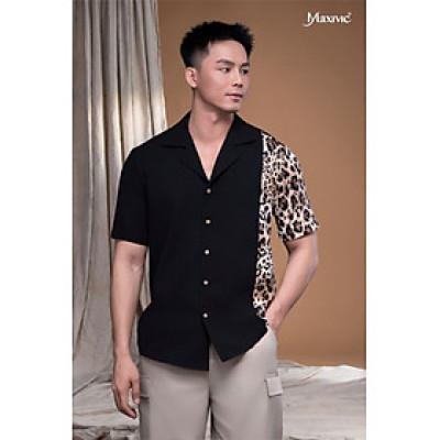 Áo sơ mi danton đen xô cát phối beo LM112453 [BST Da Beo]