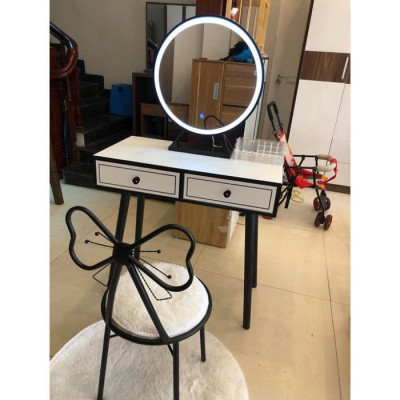 Bộ bàn ghế trang điểm: Bàn phấn hai ngăn hộp vuông chân gỗ viền đen  + Ghế nơ đen + Gương