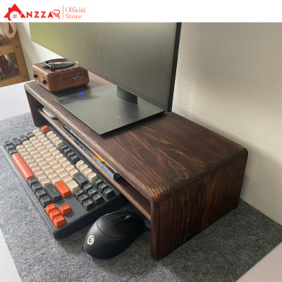 Kệ Màn Hình Máy Tính Monitor Màu Nâu Rustic Kệ Gỗ Kê Màn Hình Uốn Cong Có Ngăn Kéo Độc Đáo Sang Trọng Anzzar-09