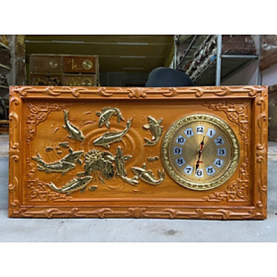 TRANH ĐỒNG HỒ TREO TƯỜNG TRẠM KHẮC CỬU NGƯ BẰNG GỖ GÕ ĐỎ KT 41×81×4CM