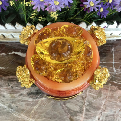 Bát vàng, Bát Tụ Tài, Bát Tụ Bảo đá mã não Hút Tài, Hút Lộc, Chiêu tài nạp lộc trang trí bàn thờ ông thần tài thổ địa - Cao 18cm