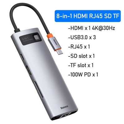 Hub chuyển đa năng Baseus Metal Gleam Series Multifunctional Docking Station ( Type-C to HDMI/ USB3.0/ LAN / SD Card Reader/ Type C PD 100W, Multifunctional HUB) - Hàng Chính Hãng
