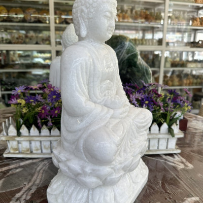 Tượng Phật Adida, phật tổ như lai ngồi đài sen đá cẩm thạch trắng - Cao 40 cm
