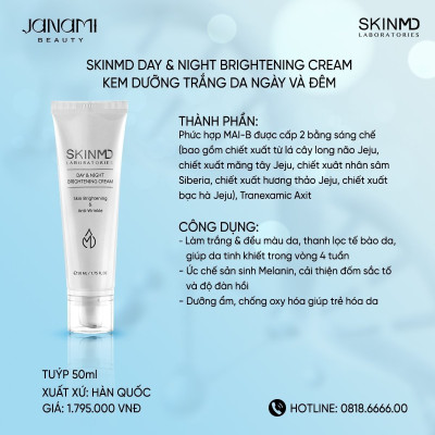 Combo mờ nám chuyên sâu SKINMD DAY & NIGHT BRIGHTENING CREAM 50g và SKINMD PURE WHITENOL INTENSIVE CREAM 15g giúp dưỡng trắng da, mờ đốm sắc tố