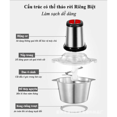 Máy Xay Thịt Đa Năng Cối Inox 2 Lít Dao Thép 4 Lưỡi