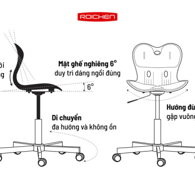 [Ghế Roichen WOW Minh Ngọc] Ghế chỉnh dáng ngồi đúng có chân xoay Roichen - WOW Hàn Quốc. Ghế xám chân đen