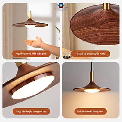 Đèn treo bàn ăn trang trí phòng khách phòng ngủ vân gỗ đèn đường kính 25cm và 35 cm led 3 chế độ