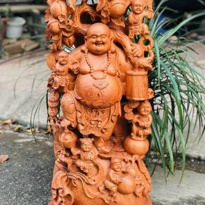 Tượng phật di lặc ngũ phúc gánh cành đào bằng gỗ hương đá kt cao 80cm 