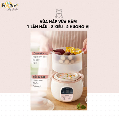 [Hàng Chính Hãng] Nồi nấu chậm Bear 0,8L SUBE001 (có lồng hấp). Đủ 3 màu: Vàng, hồng, nâu. sử dụng để Nấu, hấp, hầm cách thủy, giữ 100% giá trị dinh dưỡng có ruột nồi bằng sứ cao cấp.