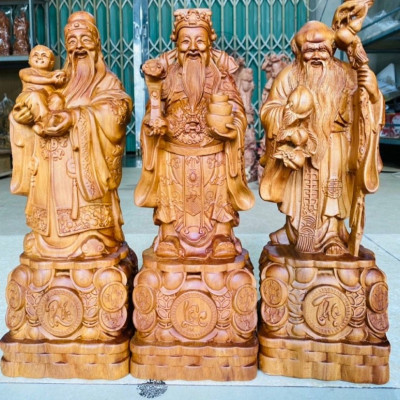 Bộ tượng phật tam đa phúc lộc thọ bằng gỗ bách xanh thơm phức kt cao 40cm