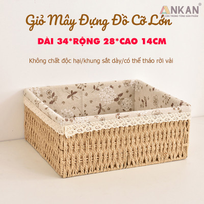 Giỏ Mây Cỡ Lớn Đựng Đồ Đa Năng Decor Trang Trí Vintage, Rổ Cói Đựng Quần Áo Có Khung Sắt