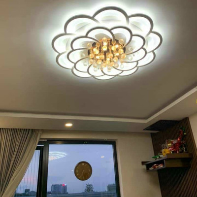 Đèn ốp trần, đèn led mâm ốp trần cánh hoa mai pha lê ( 16 và 20 cánh) 3 chế độ ánh sáng, có điều khiển từ xa