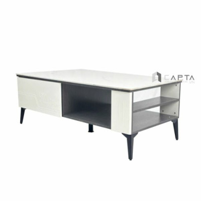 Bàn trà có hộc tủ mặt đá TS1005-12E Nội thất Capta Bàn trà phòng khách đá ceramic trắng vân mây nhám khung bàn MDF chân bàn sắt sơn tĩnh điện màu đen hcm