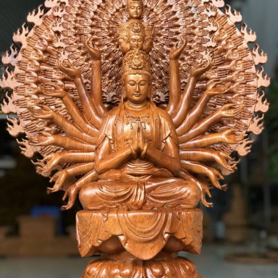 Tượng phật thiên thủ thiên nhãn bồ tát nghìn mắt nghìn tay bằng gỗ hương đá kt cao 60×48×20cm