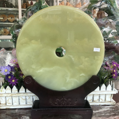 Đồng tiền, đồng điếu may mắn phong thủy chiêu nạp tài lộc đá ngọc Onyx xanh nhạt - Đường kính 30 cm