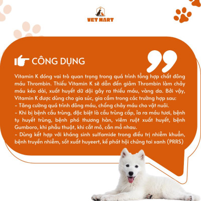 Five Vitamin K (100G) - Bổ máu, chống chảy máu, hỗ trợ đông máu, cầu trùng cấp cho thú cưng, gia cầm, gia súc