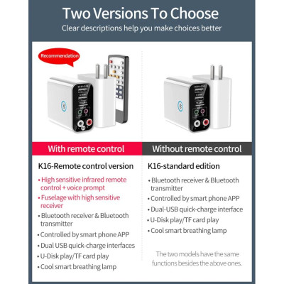 ROGTZ - Bộ Thu Phát Bluetooth 5.0 K16, Sạc Nhanh QC 2.1A, Giải Mã Âm Thanh Cao Cấp, 2 Cổng Đầu Ra Đa Năng, Hỗ Trợ Thẻ Nhớ Và USB, Điều Khiển Từ Xa, Thiết Kế Nhỏ Gọn - Hàng Chính Hãng