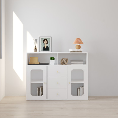 HAPPY FURNITURE , Tủ lưu trữ 2 cửa kính 3 ngăn kéo - NOAH , TLT_065 , 130cm x 45cm x 100cm DxRxC