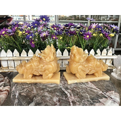 Cặp Tỳ Hưu phong thủy đá Ngọc hoàng long có đế - Dài 15 cm