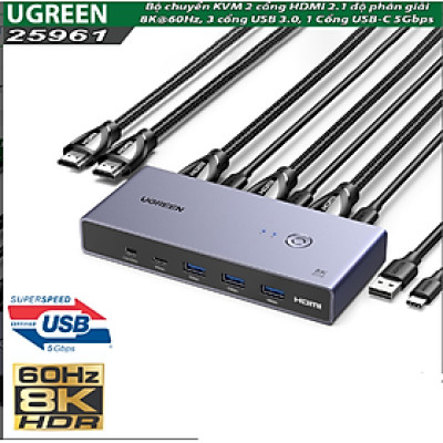 Bộ chuyển đổi KVM 2 cổng HDMI 2.1 Ugreen 25961 độ phân giải 8K@60Hz - Hàng Chính Hãng
