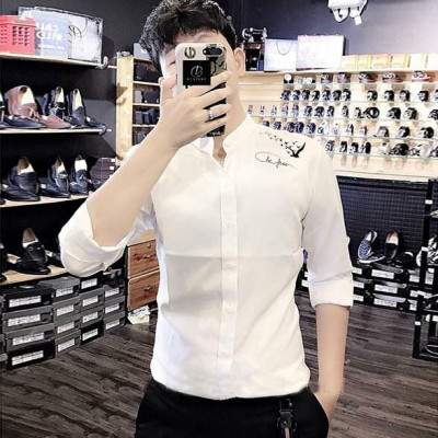 Áo sơ mi nam tay dài họa tiết chữ và chim 