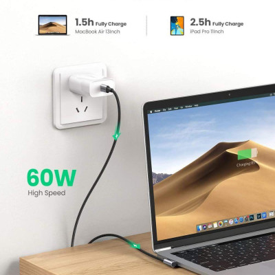 Ugreen 50125 2M 60W bẻ góc 90 độ hỗ trợ sạc nhanh PD cáp USB type C màu đen mạ nickel đầu bọc nhôm Ugreen US255 - Hàng Chính Hãng