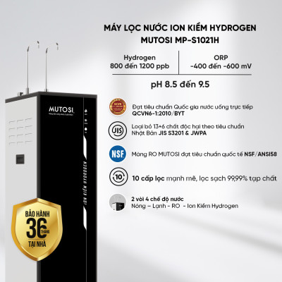 [Miễn phí vận chuyển & lắp đặt] Máy lọc nước Nóng - Lạnh - RO - Ion Kiềm Hydrogen. Hàng chính hãng Mutosi MP-S1021H - 10 cấp lọc, 2 vòi 4 chế độ nước