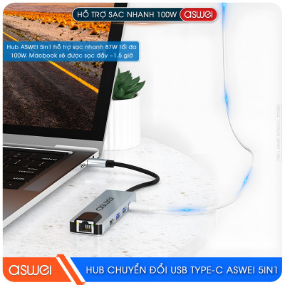 Hub Chuyển Đổi USB Type C ASWEI 5 in 1 - HDMI, USB 3.0, Lan, PD 100W Tốc Độ Cao - Hàng Chính Hãng
