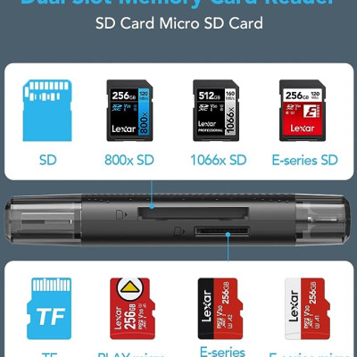 Đầu đọc thẻ nhớ Lexar RW310X Dual-Slot SD / MicroSD USB 3.2 Type-C và Type-A, tốc độ đọc 170Mb/s - Hàng chính hãng BH 12 tháng
