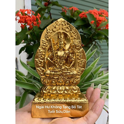 Tượng bản mệnh ngài hư không tạng bồ tát hợp tuổi ( sửu ,Dần ) bằng gỗ bách xanh pu dát vàng cao cấp kt 14×8×4cm 