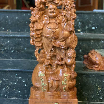 Tượng phật di lặc ngũ phúc bằng gỗ hương đá ,Tô làm mầu giả cổ kt 60×24×14cm