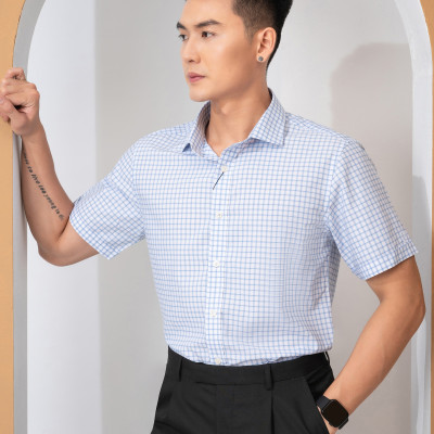 Áo sơ mi nam ngắn tay ALIGRO màu xanh da trời họa tiết kẻ sọc form slim vừa thời trang công sở trẻ trung ALGS-C116