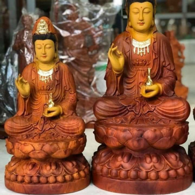 Tượng phật bà quan âm bồ tát bằng gỗ hương đá tô làm mầu giả cổ kt cao 40×20×20cm
