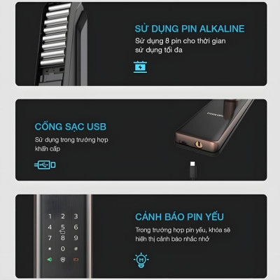 Bộ khóa cửa thông minh Bluetooth, vân tay, thẻ từ, mật khẩu và chìa cơ Philips DDL7300 - Hàng nhập khẩu