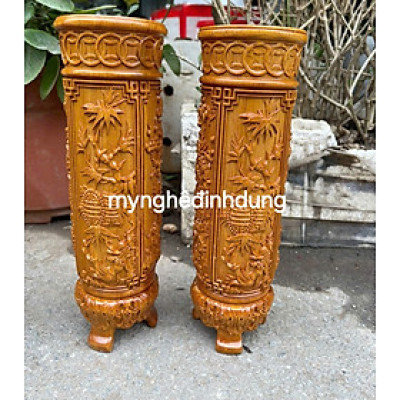 Đôi Ống cắm nhang hương khắc tứ quý bằng gỗ bách xanh thơm nức cao 30x9x9cm 