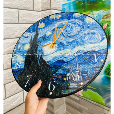 (CÓ ẢNH THẬT) Tranh đồng hồ treo tường bức hoạ Van-Gogh bo viền tranh tròn